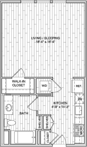 Floor plan for studio, 1 bath, 611 sqft